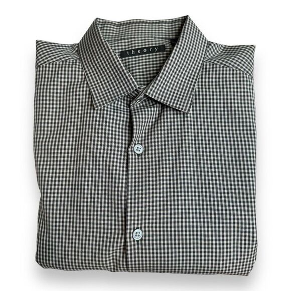 THEORY Mens Button Up Shirt Size L Gingham Check Plaid Long Sleeve Stretch - Picture 2 of 10